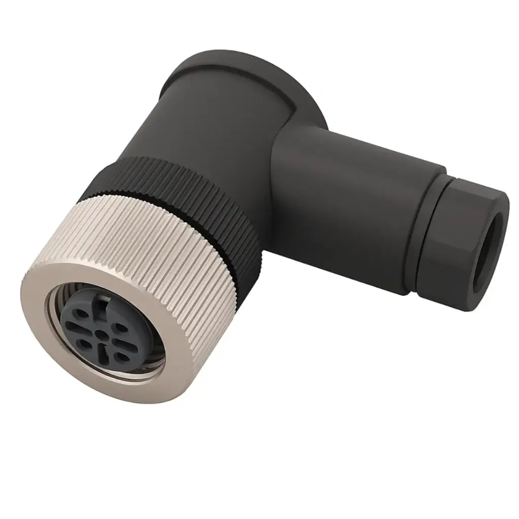 Connector, M12, female, angled, 5-pin, wireable