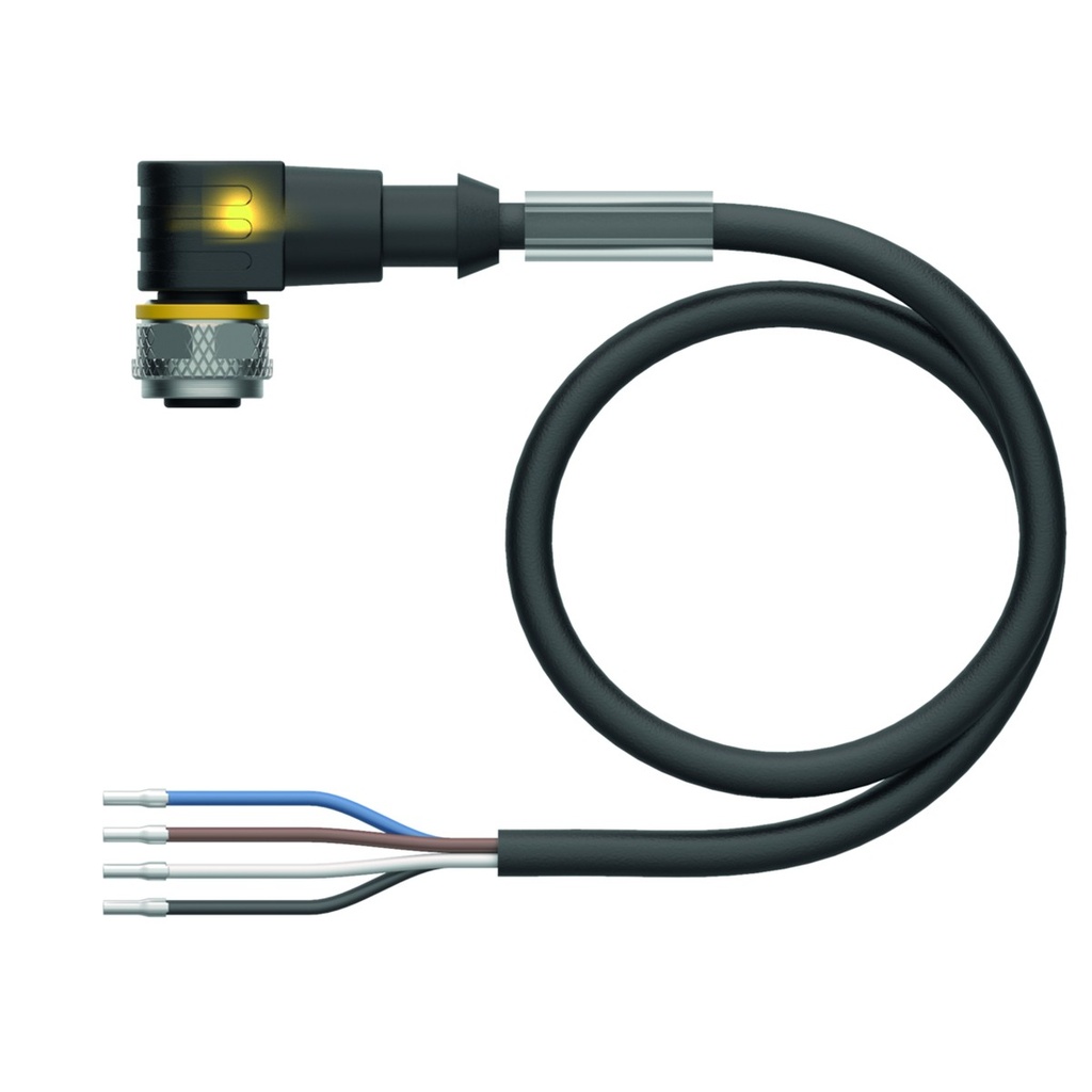 Konektors ar kabeli WKC4.4T-P7X2-5/TEL, M12, mamma, leņķī, 4 kontakti, 5m PVC, LED