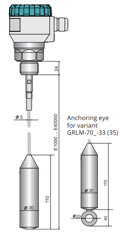 Mikroviļņu radars GRLM-70Xt-33-G1-V-M-D3-L-E40000 E=40000mm, 40m trose ar enkuru, Modbus RTU, Atex Xdm