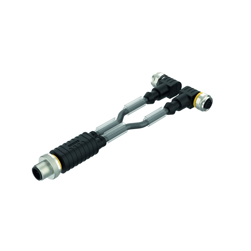 2-way splitter VBRS4.4-2WKC4.324T-5/5/TXL, M12 male straight / 2 x M12 female angled, 4-pin, 2 x 5m PUR