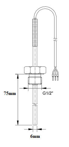 Temperatūras sensors PT100, 6x75mm, -50/200C, G1/2, 3m kab.