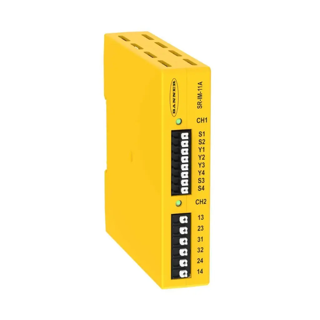 Safety relay SR-IM-11A, Input 2 x OSSD (1 Dual/Single Channel), with EDM, output: 2 x NO 6A, Aux Output: 1x NC, 6 A