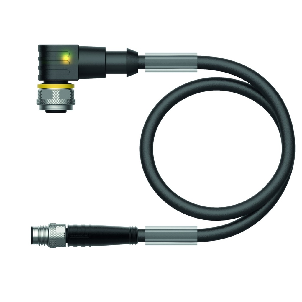 Konektors ar kabeli WKC4T-P7X2-5-PSG3M/TXL, M12 mamma leņķī / M8 paps taisns, 3 kontakti, 5m PUR, LED