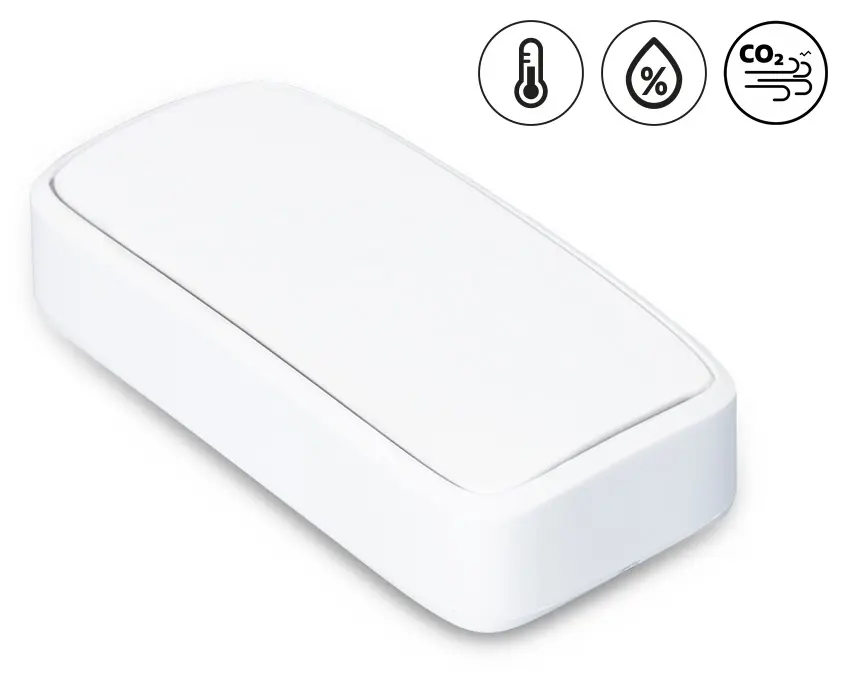 Air quality sensor CO2 400 ppm – 5000 ppm, T -15°C to 70°C +RH 0 to 100%, barometer 300 - 1100 hPa, IP30, BLE