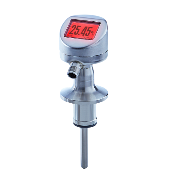 Temperatūras sensors Pt100, 1/1 B EN 60751, -50...125°C, IO-Link Dual Channel un 4...20 mA, M12-A, 4 pin, ISO 2852 Tri-Clamp DN38, SS., ar displeju, 100 mm sensora caurule, 3-A / EHEDG sertificēts, PT55H