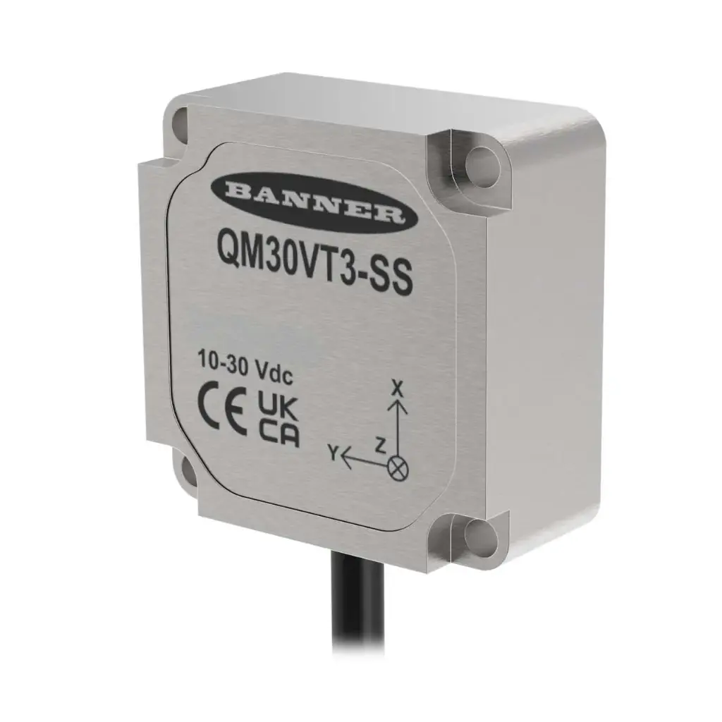[3815995] Vibrācijas un temperatūras sensors. QM30VT3-SS-MQP: 3 asis; Modbus RTU serveris, izmantojot RS-485. 150 mm (6 collas) M12 QD. Nerūsējošā tērauda korpuss
