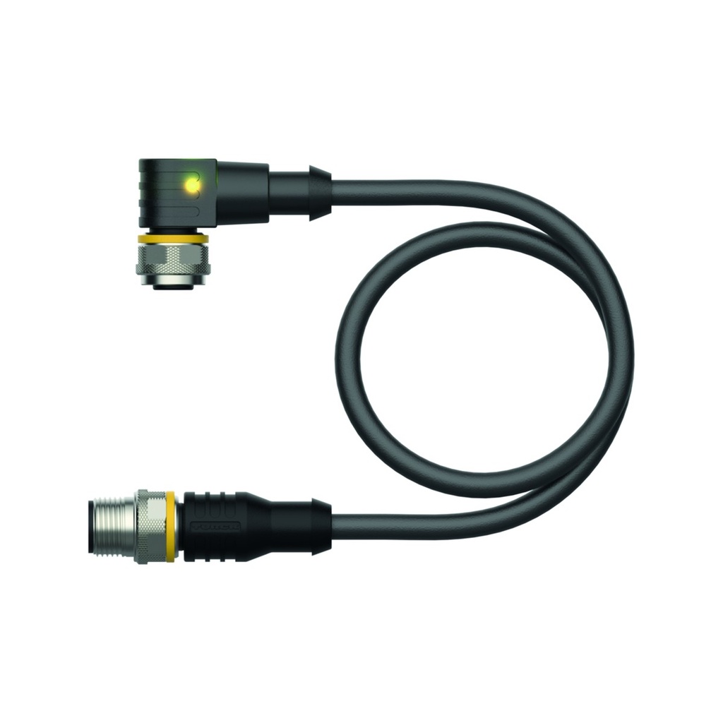 Konektors ar kabeli WKC4.4T-P7X2-5-RSC4.4T/TXL, M12, mamma leņķī/paps taisns, 4 kontakti, 5m PUR, LED