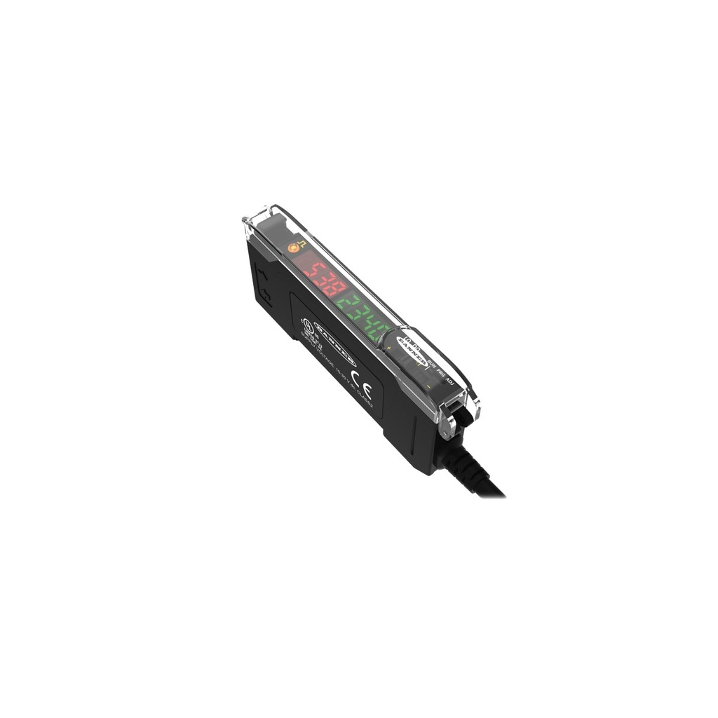 Optiskās šķiedras pastiprinātājs DF-G1-NS-Q5, divi displeji, NPN, 10-30VDC, DIN sliede, 150 mm kabelis ar M12 4 kontakti