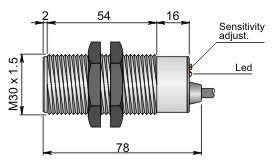 Capacitive sensor SC30SP-C20, 10-55VDC, M30X1, 5, PNP FROM/NC, 0-20 mm, 'flush', 3 m cable, IP67