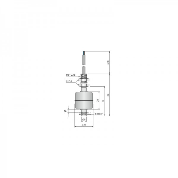 Līmeņa slēdzis, pludiņa SLM-08, nerūsējošā tērauda, NO kontakts, 1/8" vītne