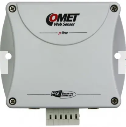 P-line Web Sensor with PoE (Power over Ethernet feature) for measuring temperature, relative humidity and three binary inputs for two-states signals. Remote alarm.