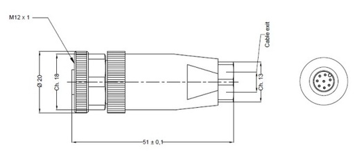 [N12FD8-CC7] Konektors M12, mamma, taisns, 8 pin, PG7