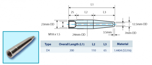 [TWD4-A105] Temperature sensor pocket D4, L = 200 mm (25 +110 +65), 1.0460 (A105), M18 inner thread