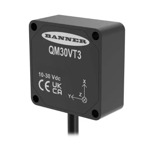 [3815277] Vibrācijas un temperatūras sensors. QM30VT3-MQP: 3 asis; Modbus RTU serveris, izmantojot RS-485, 150 mm (6 collas) M12 QD, alumīnija korpuss